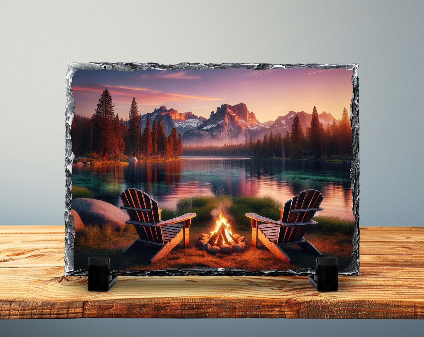Lake House Decor Rustic Cabin Slate Art - Mountain Campfire Scene Plaque - alternate view