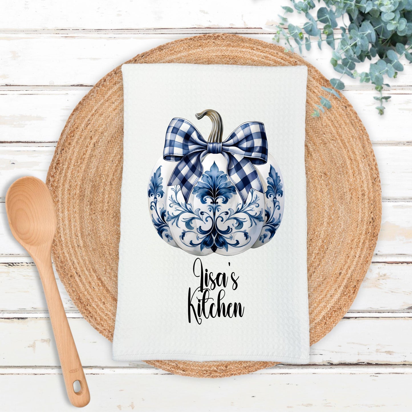 Personalized Chinoiserie Pumpkin Waffle Towel - Unique Hostess Gift