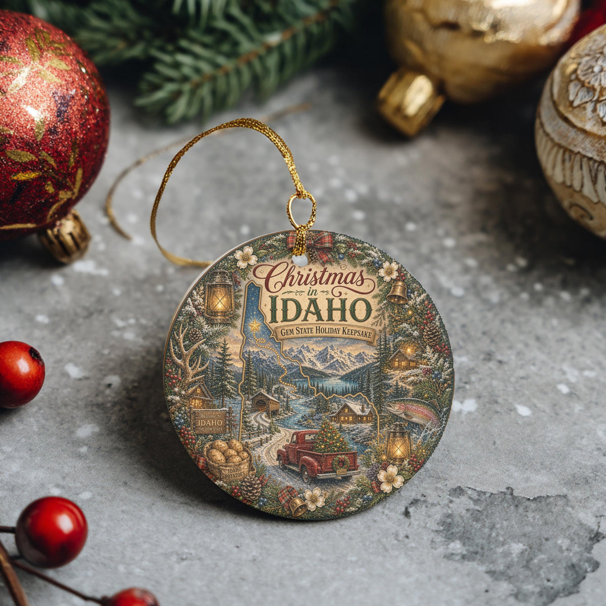 Idaho Ornament, Vintage Truck Ceramic Keepsake, Snowy Cabin Gift