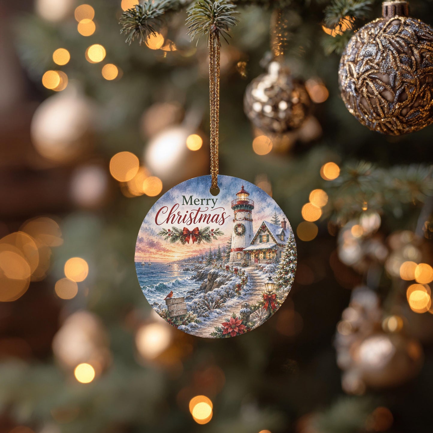 Lighthouse Christmas Ornament, Snowy Coastal Scene | Ceramic 3 Inch