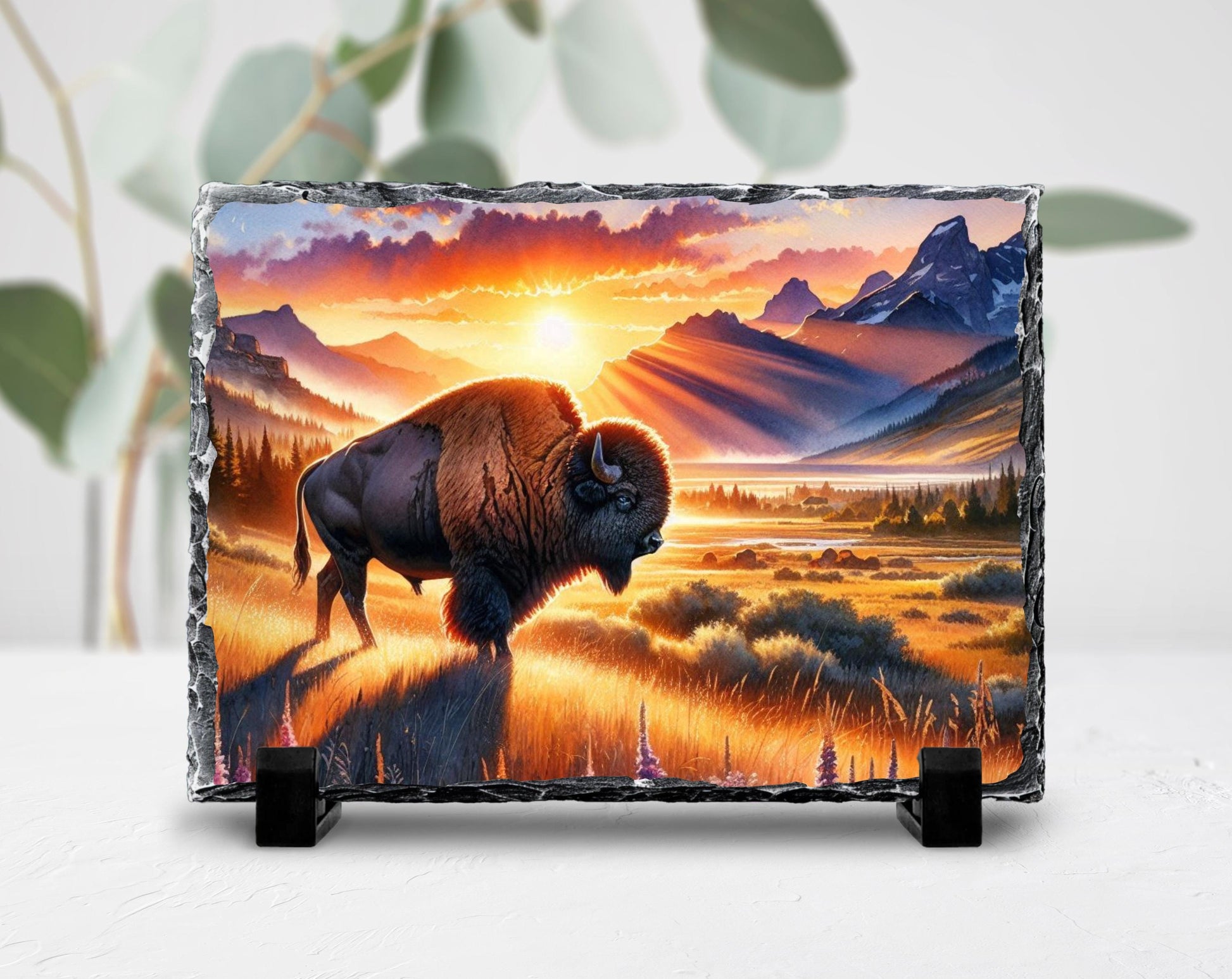 Bison Sunset Slate Sign – Rustic Buffalo Mountain Art With Fade Resistant Printing - additional angle