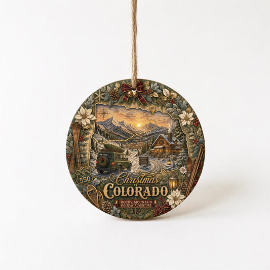 Colorado Christmas Ornament | Ceramic Ski Cabin Scene, Vintage SUV