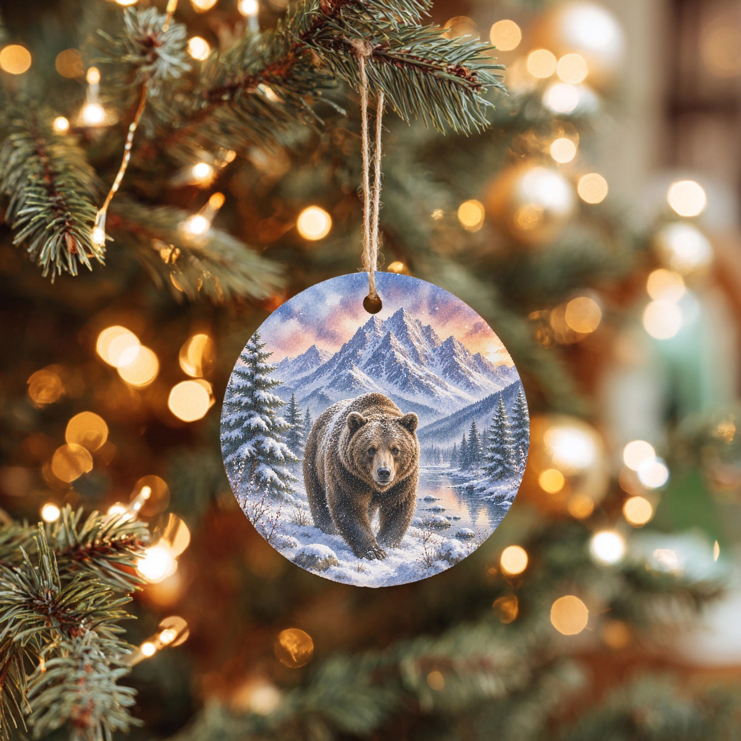 Grizzly Bear Ornament | Watercolor Mountains, Ceramic Keepsake