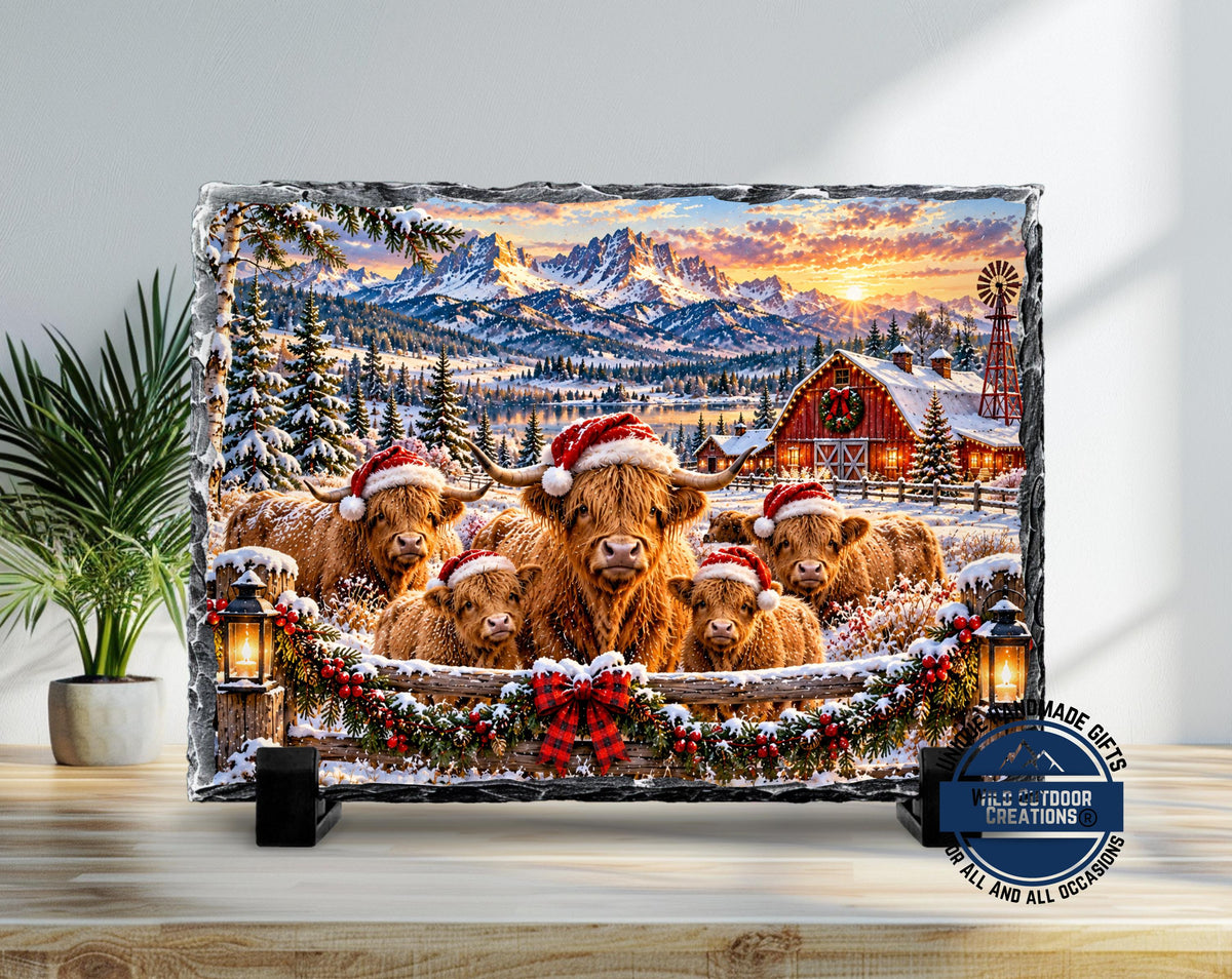 Highland Cow Decor, Christmas Slate Plaque, Santa Hat Cow Family