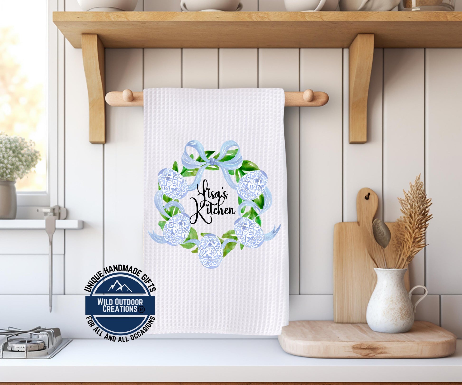 Personalized Easter Towel – Custom Name Kitchen Towel With Blue Chinoiserie Wreath - additional product photo 11
