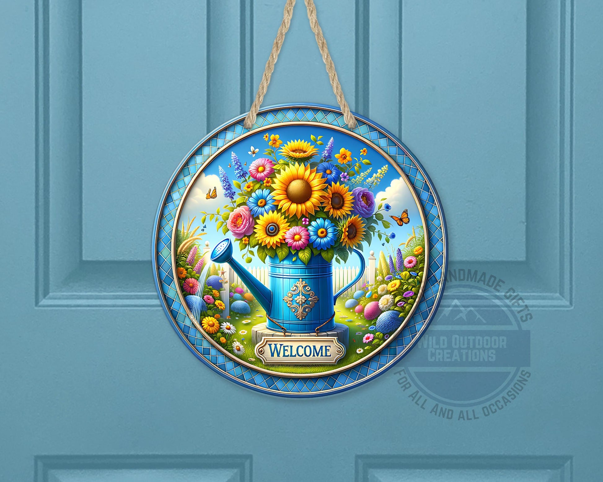 Watering Can Welcome Sign – Round Aluminum Garden Door Hanger With Sunflower Decor - product dimensions and specifications