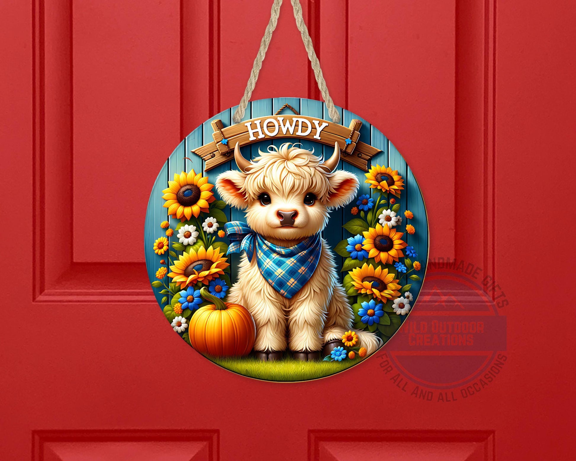 Farmhouse Door Hanger - Aluminum Round Sign with Highland Cow Decor, Blue Plaid - detail view