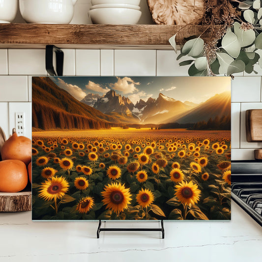 Sunflower Mountain Glass Cutting Board with Sunset Landscape Design