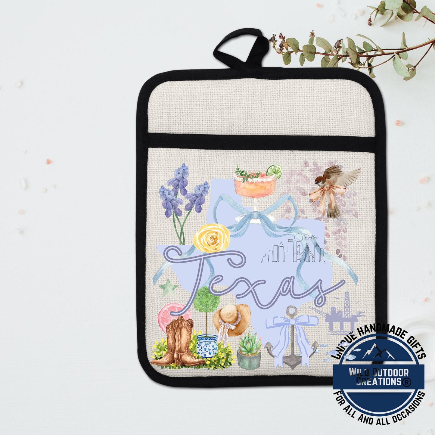 Texas Pocket Pot Holder – Non Slip Potholder with Watercolor Design & Heat Resistant Pocket - detail view
