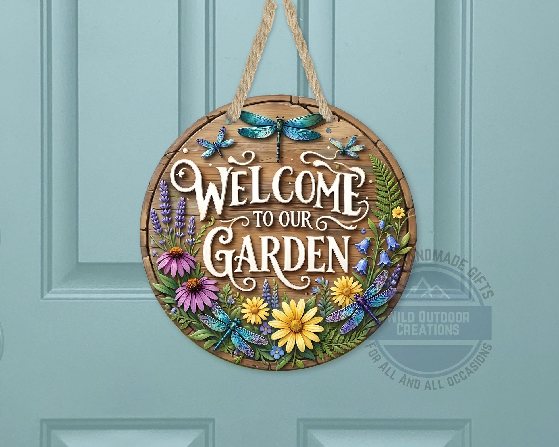 Welcome Garden Sign – Round Garden Door Hanger with Dragonfly & Rustic Decor - detail view