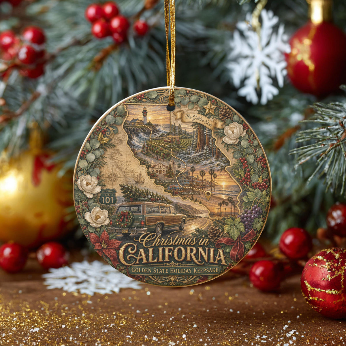 California Christmas Ornament, Vintage Wagon Ceramic Keepsake