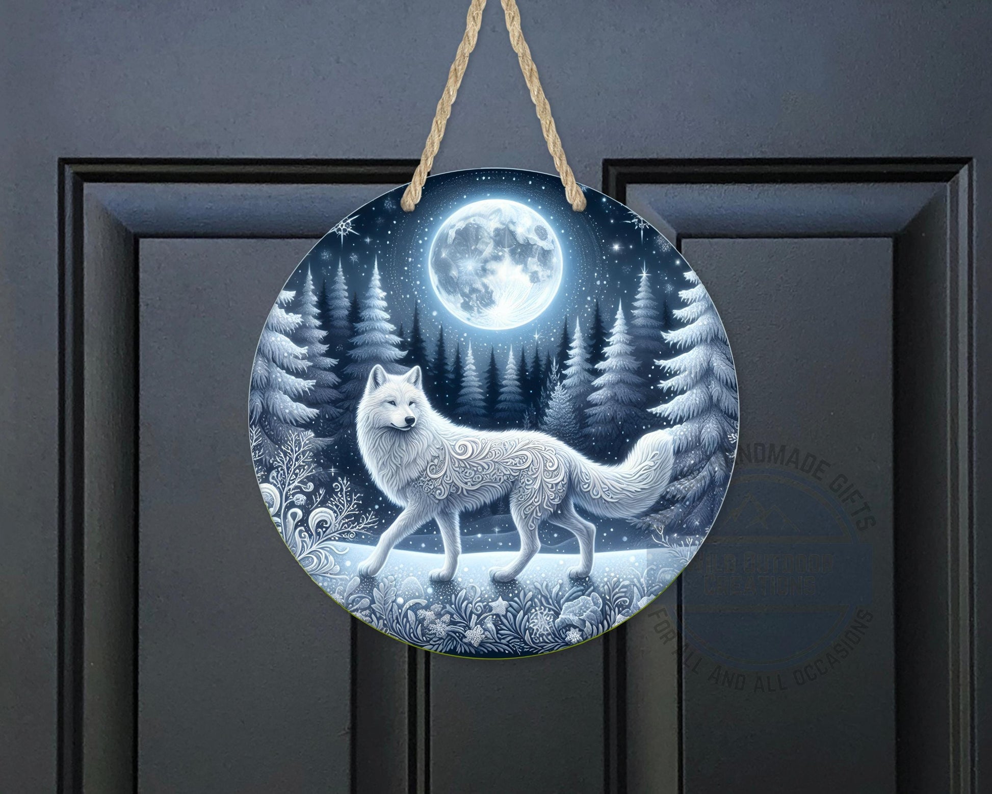 Wolf Door Sign - Rustic Outdoor Decor Full Moon Night with White Wolf Art - additional product photo 10