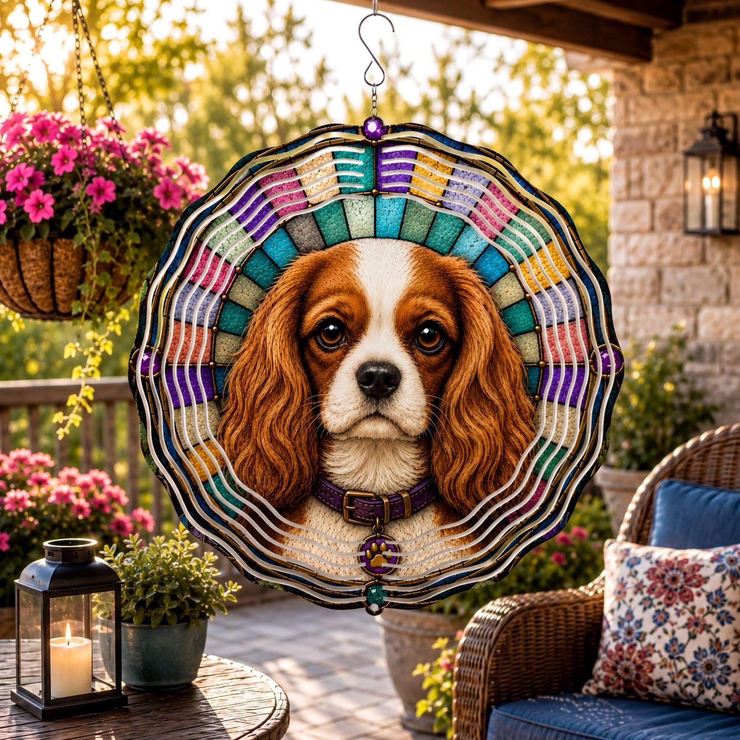 Cavalier King Charles Spaniel Wind Spinner Faux Stained Glass Dog Garden Decor Gift