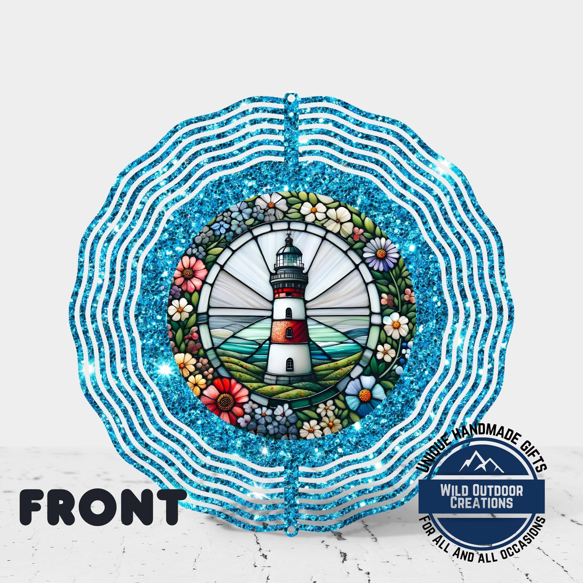 Coastal Lighthouse Wind Spinner – Aluminum Outdoor Garden Decor with Blue Glitter - back side design view