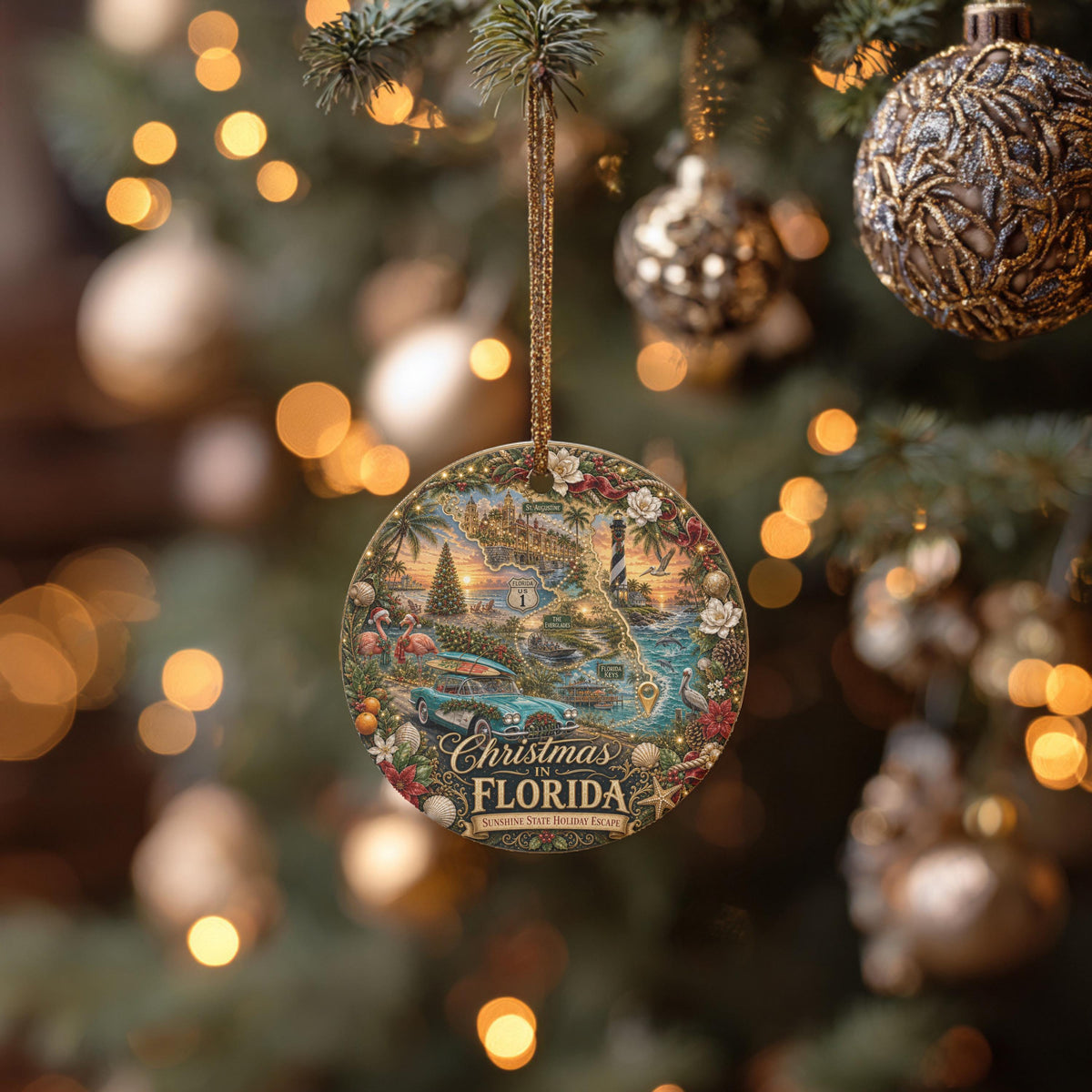 Florida Christmas Ornament, Vintage Ceramic Keepsake | 3 Inch Round