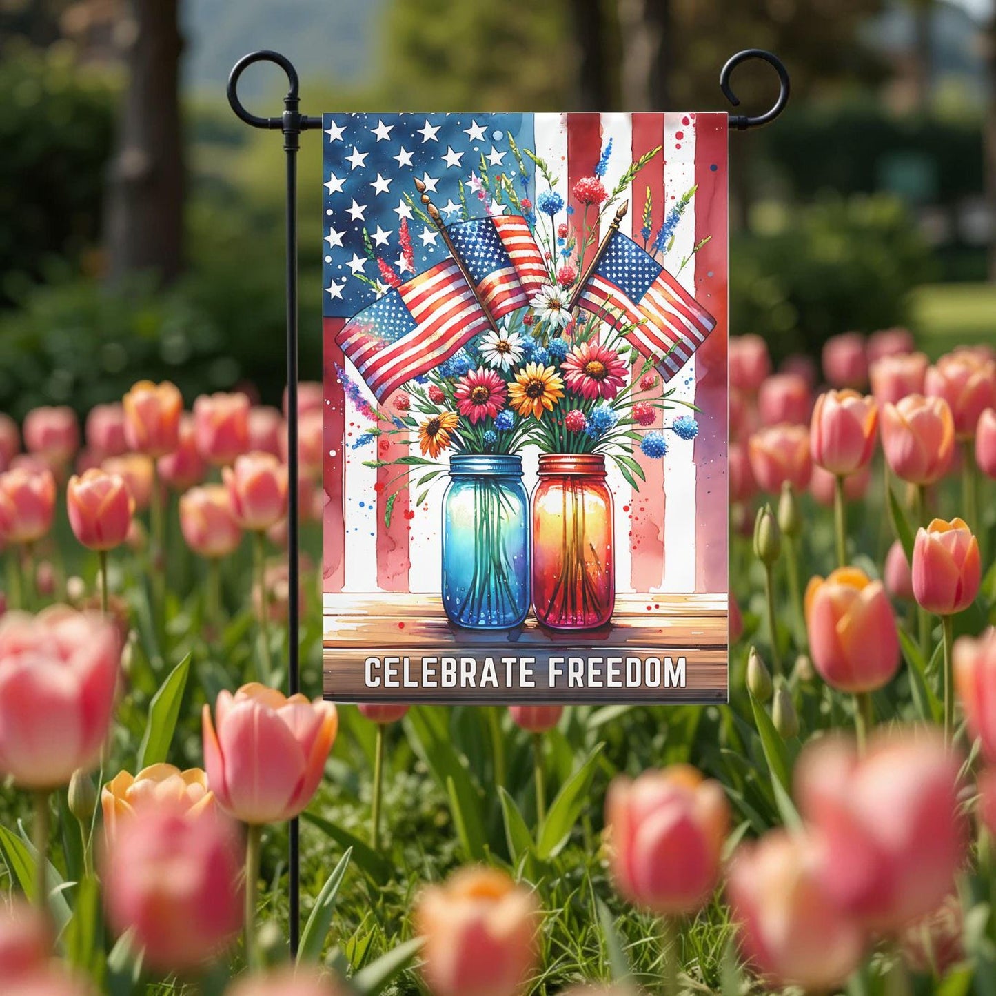 Patriotic Garden Flag – Mason Jar Flowers Floral American 12x18 Outdoor Decor