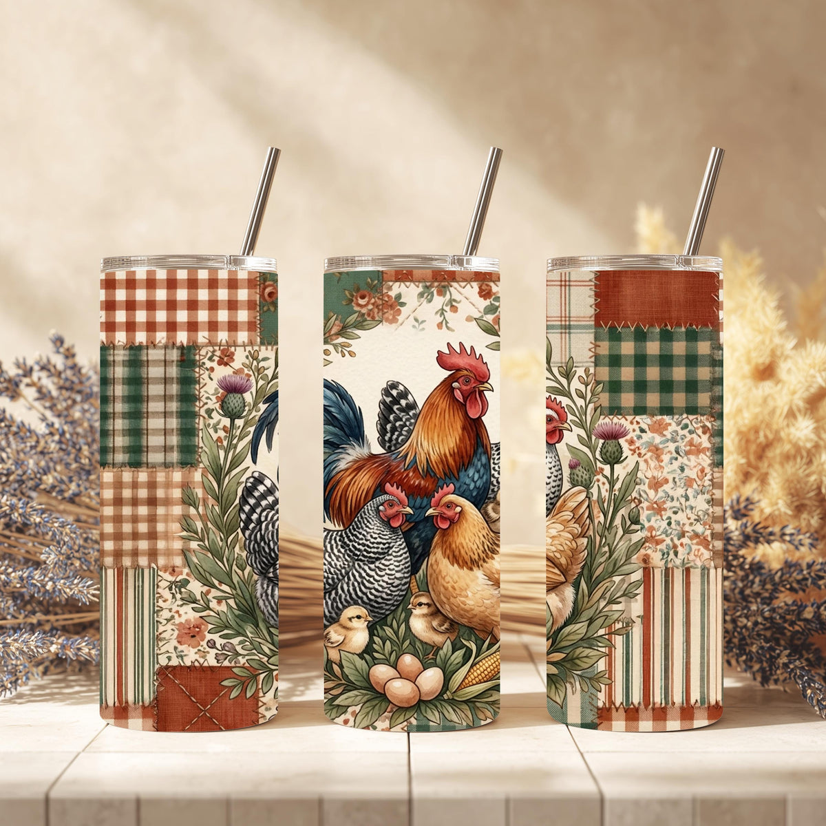 Chicken Tumbler, Rooster Hen Patchwork Quilt, 20 Oz Skinny Gift
