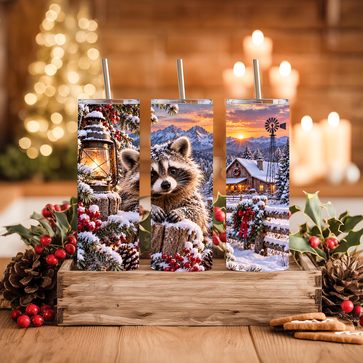 Raccoon Tumbler, 20 Oz Skinny, Snowy Cabin Lantern Holiday Gift