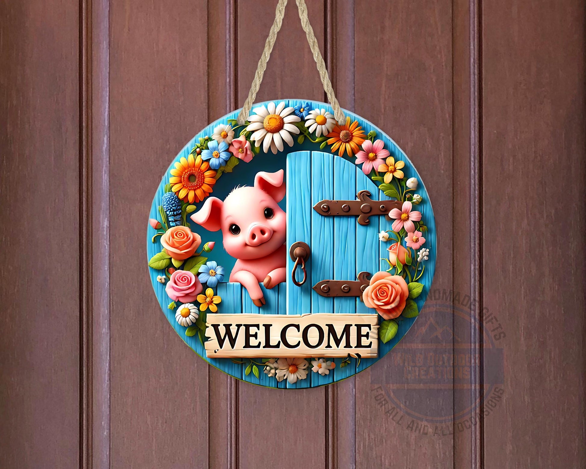 Pig Door Hanger – Farmhouse Welcome Sign | Floral Blue Wood Aluminum Decor - detail view