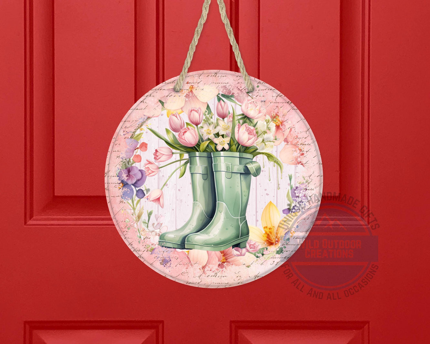 Spring Garden Boots - Pink Tulip Floral Door Hanger | Rustic Farmhouse Charm - alternate view