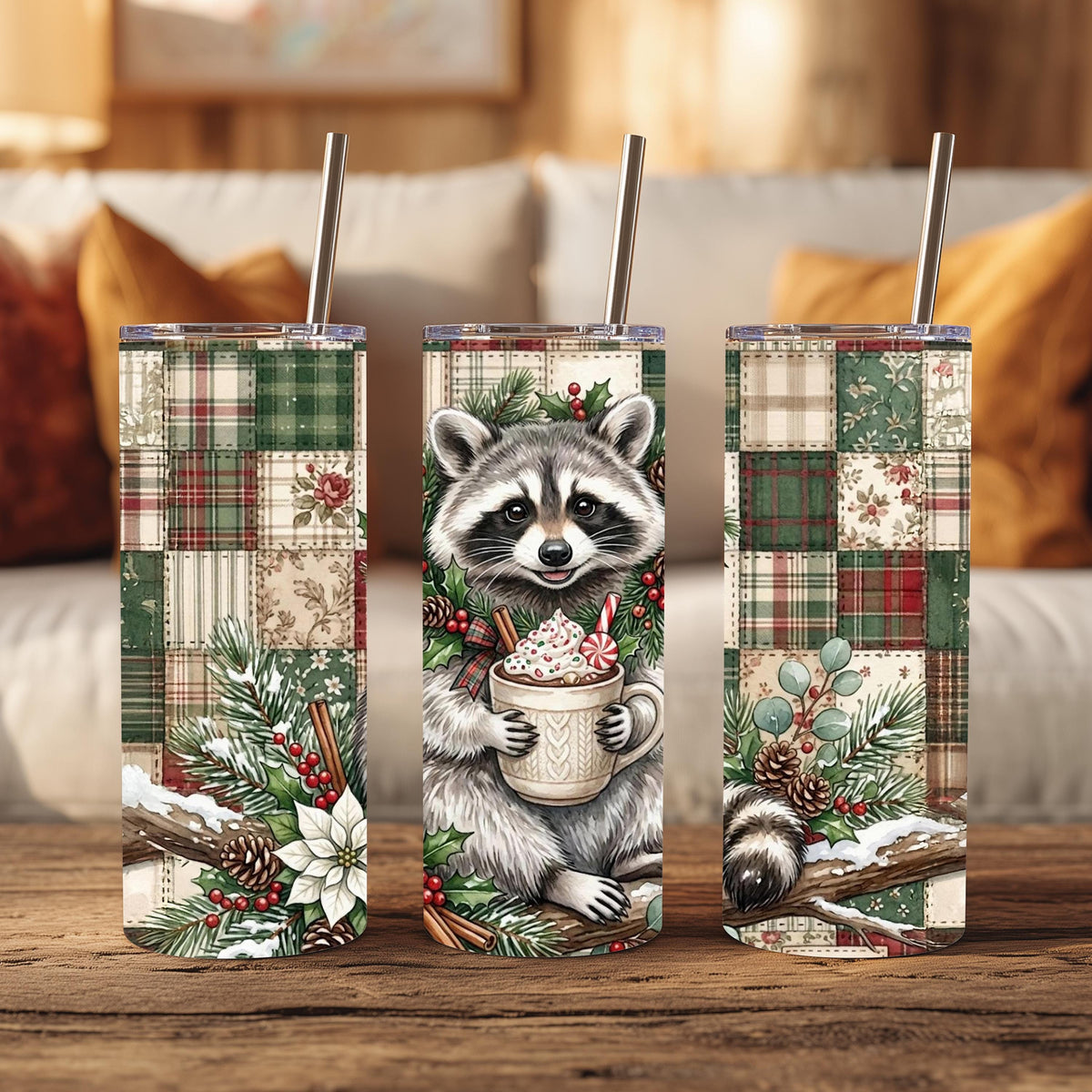 Raccoon Tumbler, 20 Oz Skinny, Plaid Patchwork Hot Cocoa Holiday