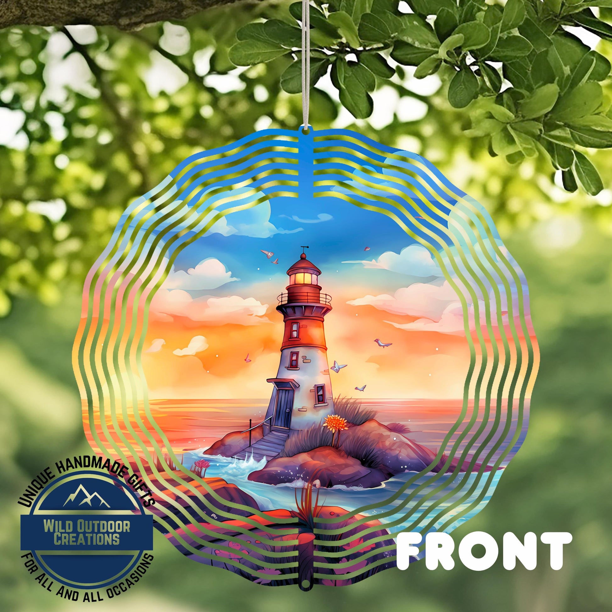 Watercolor Lighthouse Wind Spinner – Coastal Patio Decor with 360 Degree Swivel - additional angle