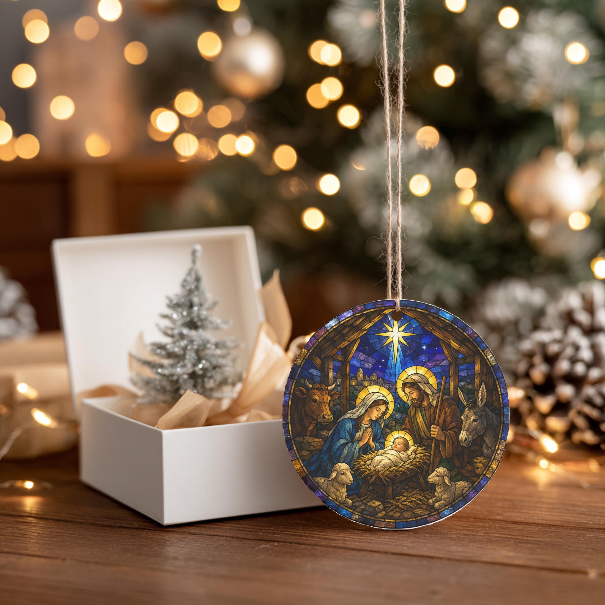 A round ornament featuring a nativity scene with the baby Jesus, Mary, and Joseph, surrounded by other holiday decorations and a small Christmas tree.