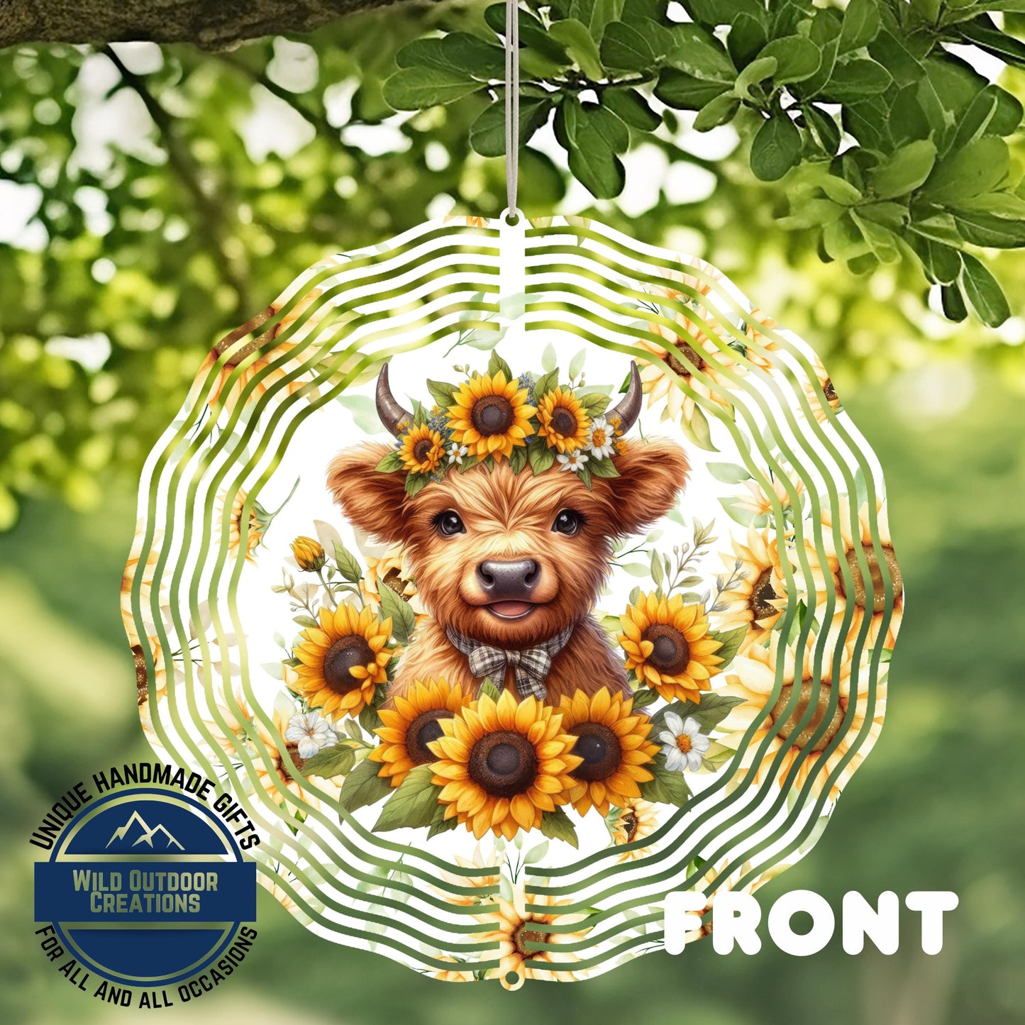 Baby Highland Cow Spinner - Rustic Garden Decor | Sunflower Crown Wind Spinner - additional angle