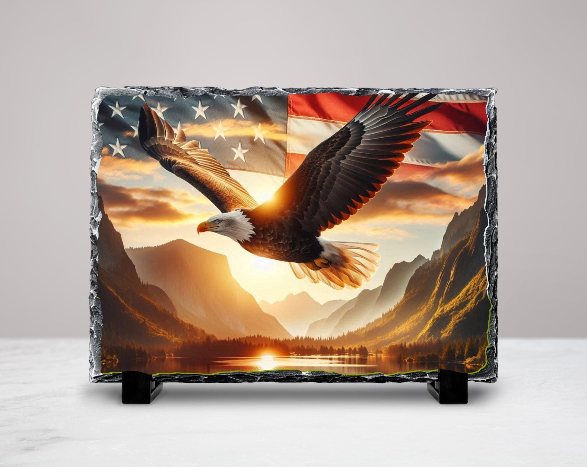 Patriotic Slate Sign - Bald Eagle Decor with American Flag Art, Rustic Slate Sign - displayed in garden