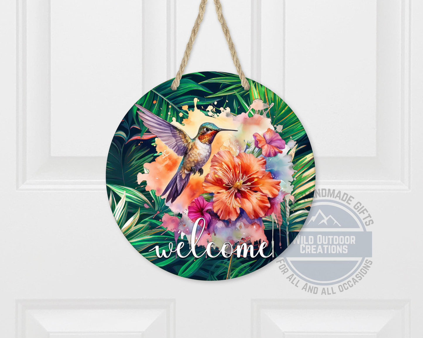 Tropical Hummingbird Door Hanger - Colorful Floral Welcome Sign with Fade Resistant Print - scale and size reference