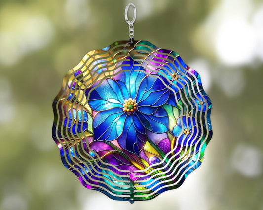 10-Inch Aluminum Forget-Me-Not Flower Spinner - Colorful Faux Stained Glass Garden Decor