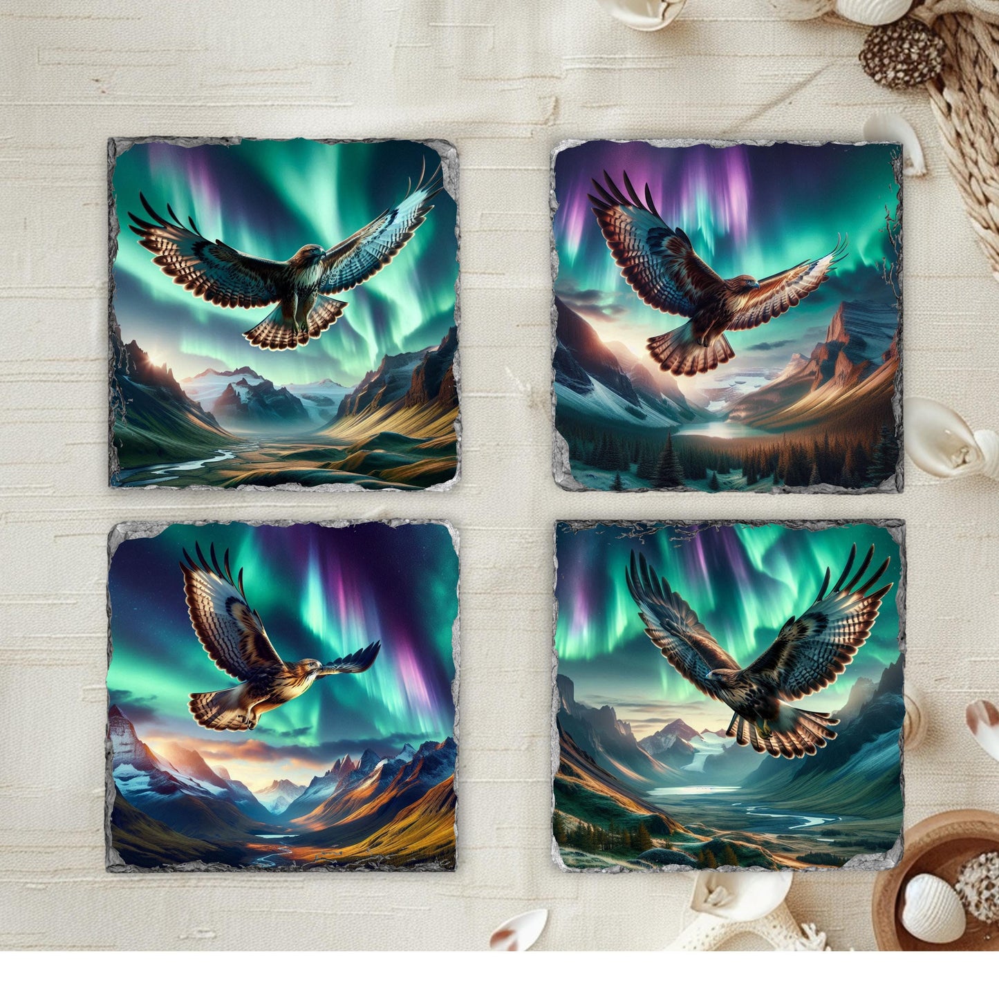 Slate Coaster Set with Unique Hawk  Northern Lights Designs - Perfect Gift for Outdoor Enthusiasts