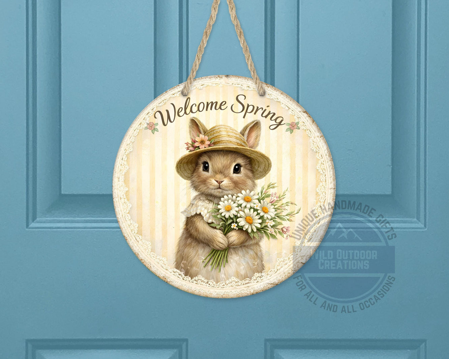 Spring Bunny Door Hanger – Floral Rabbit Wreath with Daisy Bouquet Sign - gift presentation view
