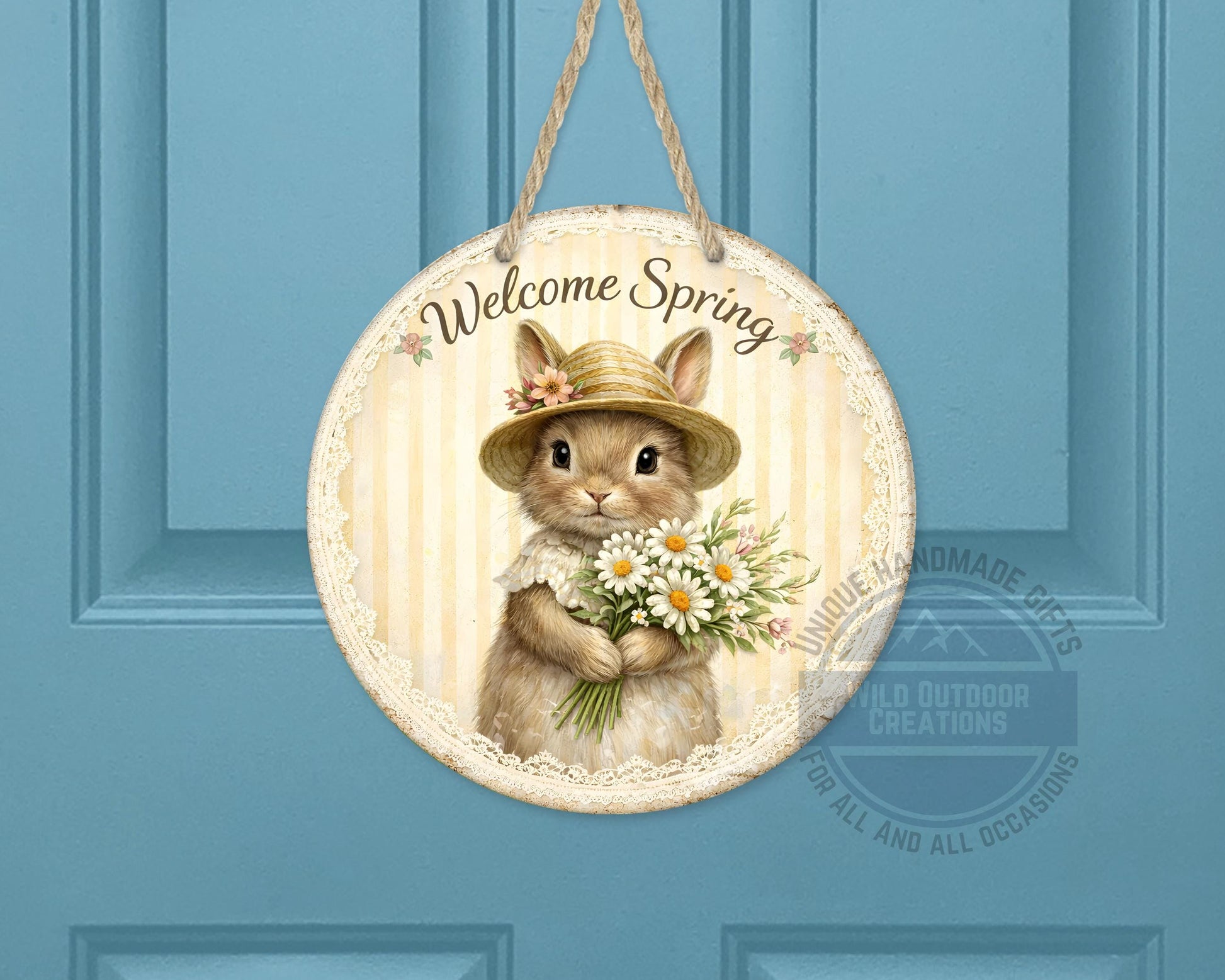 Spring Bunny Door Hanger – Floral Rabbit Wreath with Daisy Bouquet Sign - gift presentation view