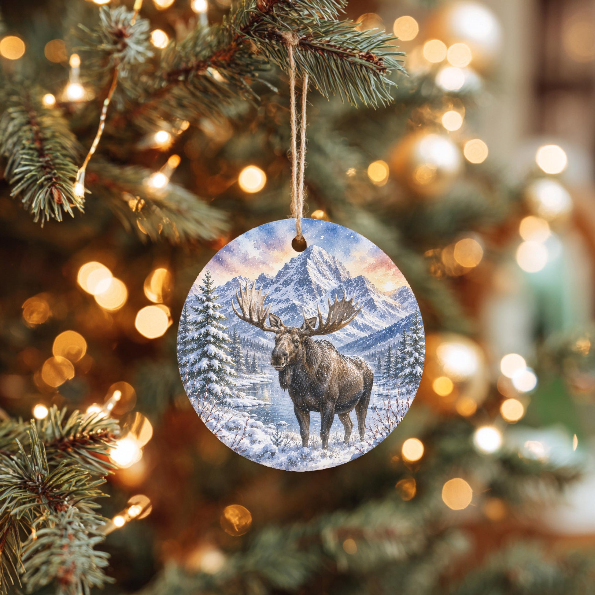 A round ornament hanging from a Christmas tree, depicting a moose in a snowy mountain landscape.