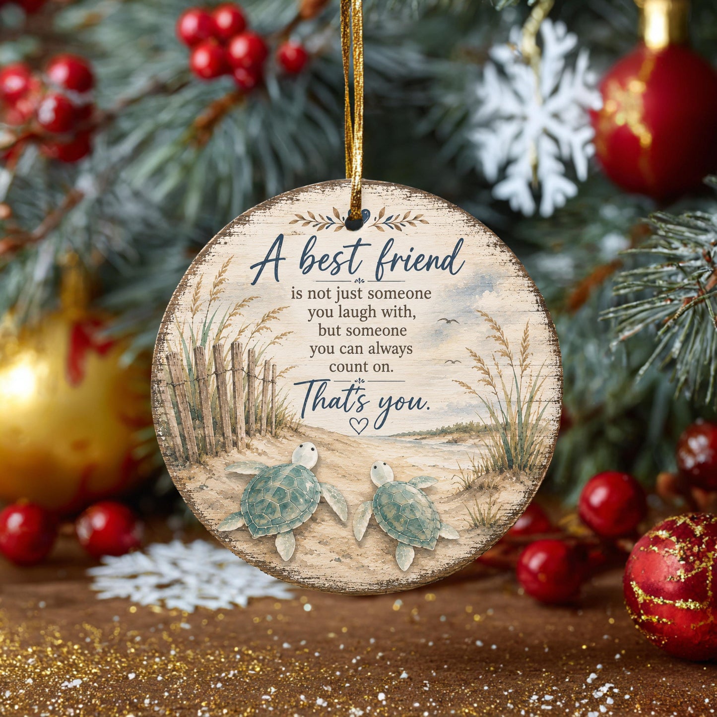 A wooden ornament with a message about friendship hangs in front of a Christmas tree with red and gold ornaments.