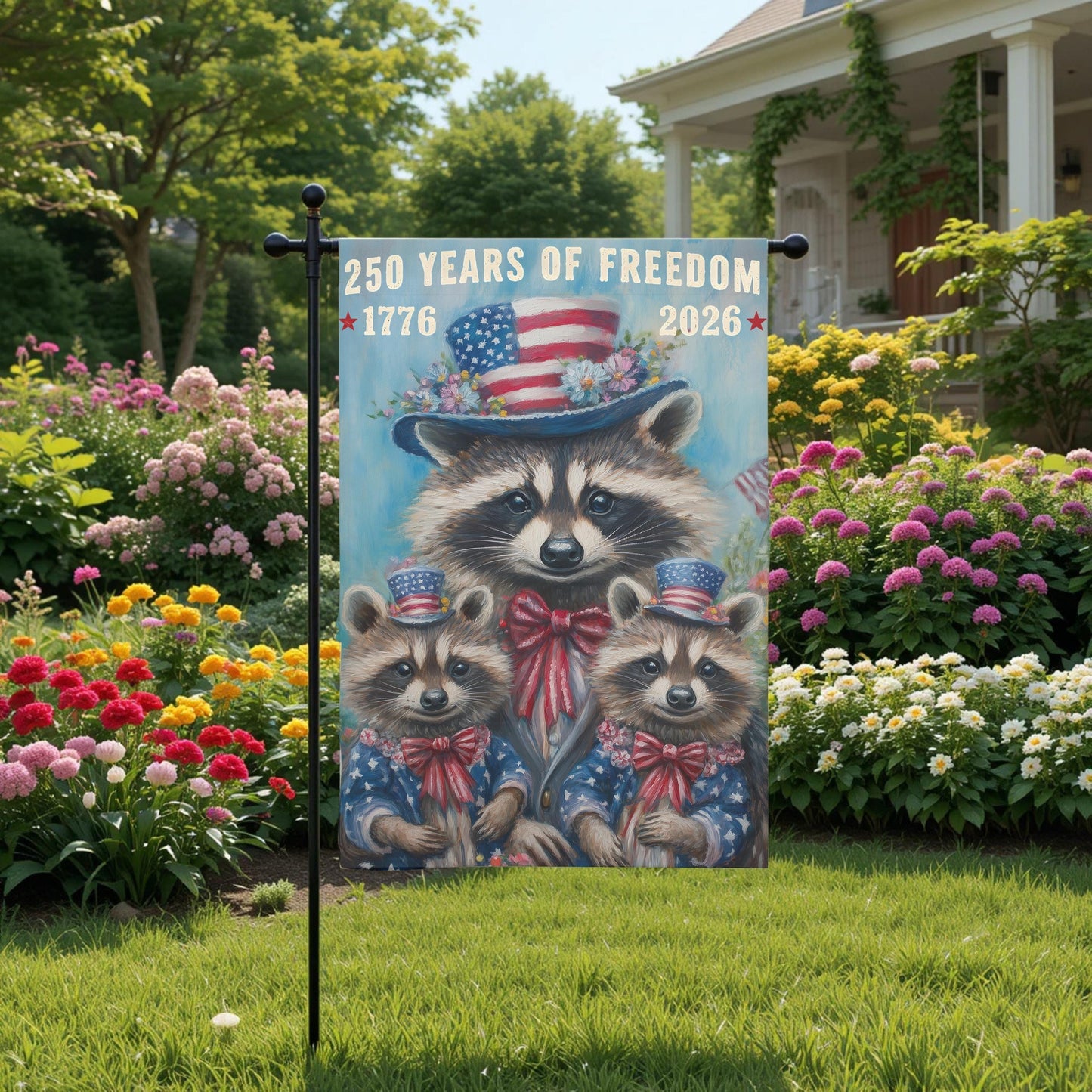 Patriotic Garden Flag - 250 Years Of Freedom Raccoon 12x18 Double Sided Sublimation