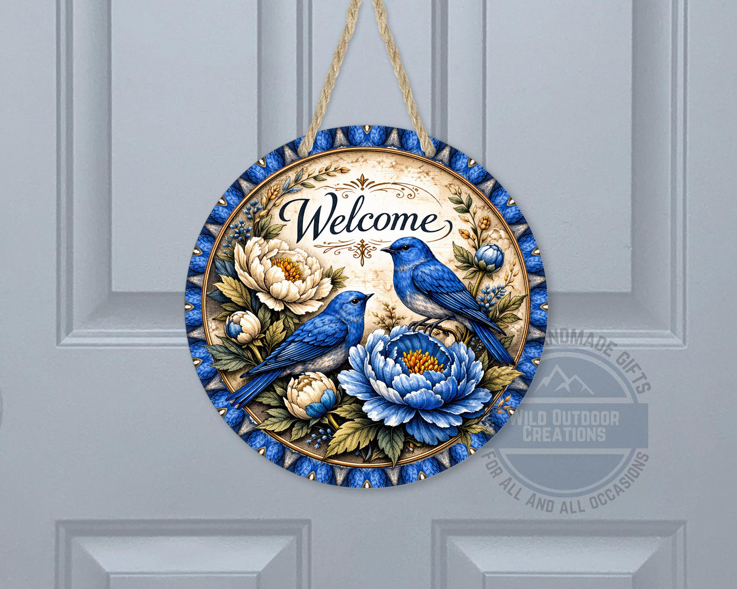 Bluebird Welcome Sign - Round Door Hanger With Floral Porch Decor, UV Coated - gift presentation view