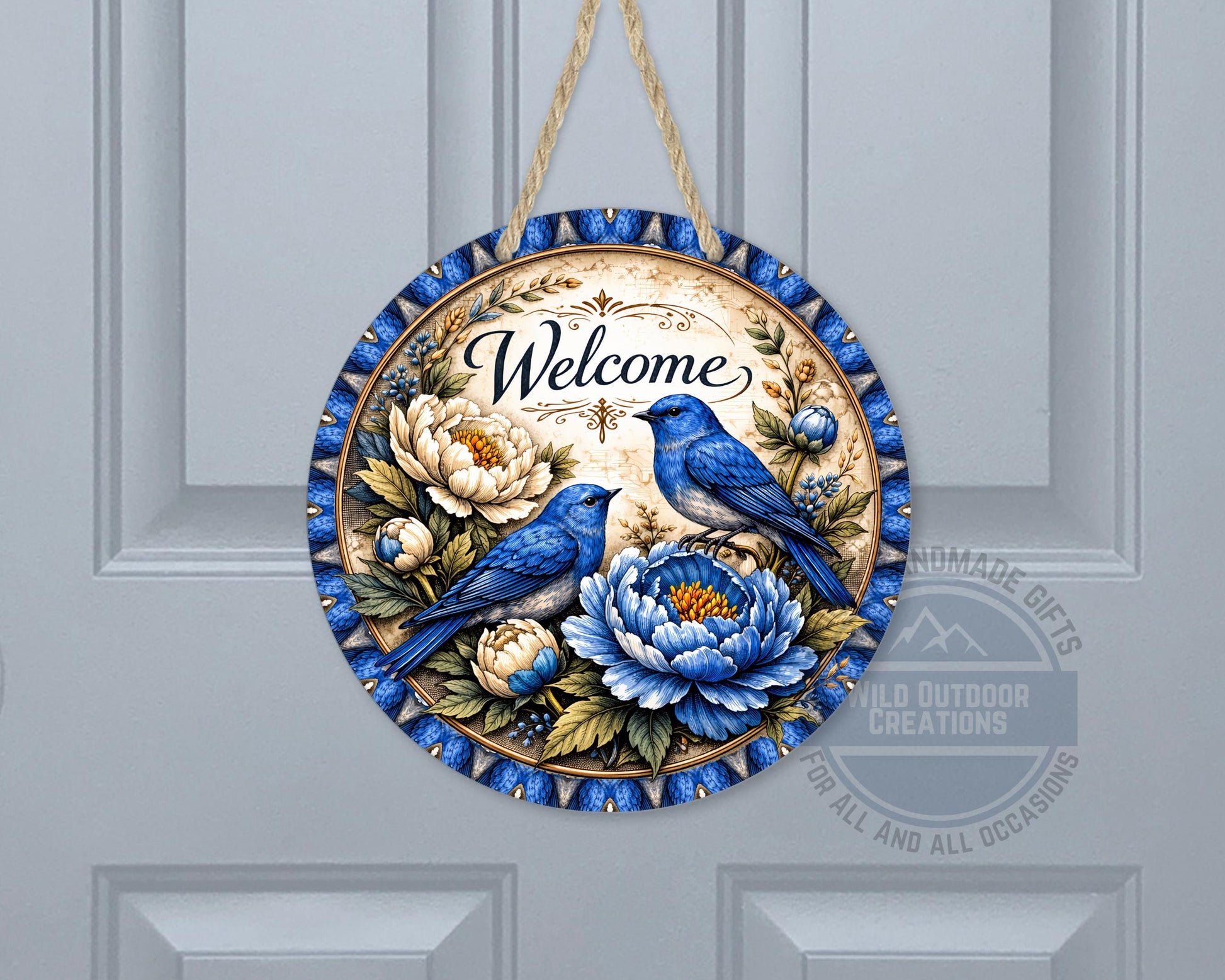 Bluebird Welcome Sign - Round Door Hanger With Floral Porch Decor, UV Coated - gift presentation view