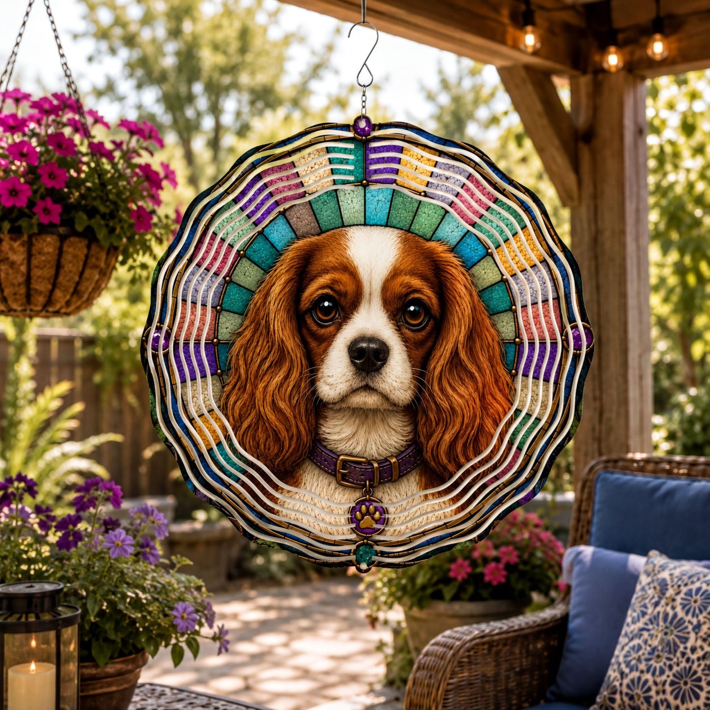 Cavalier King Charles Spaniel Wind Spinner Faux Stained Glass Dog Garden Decor Gift