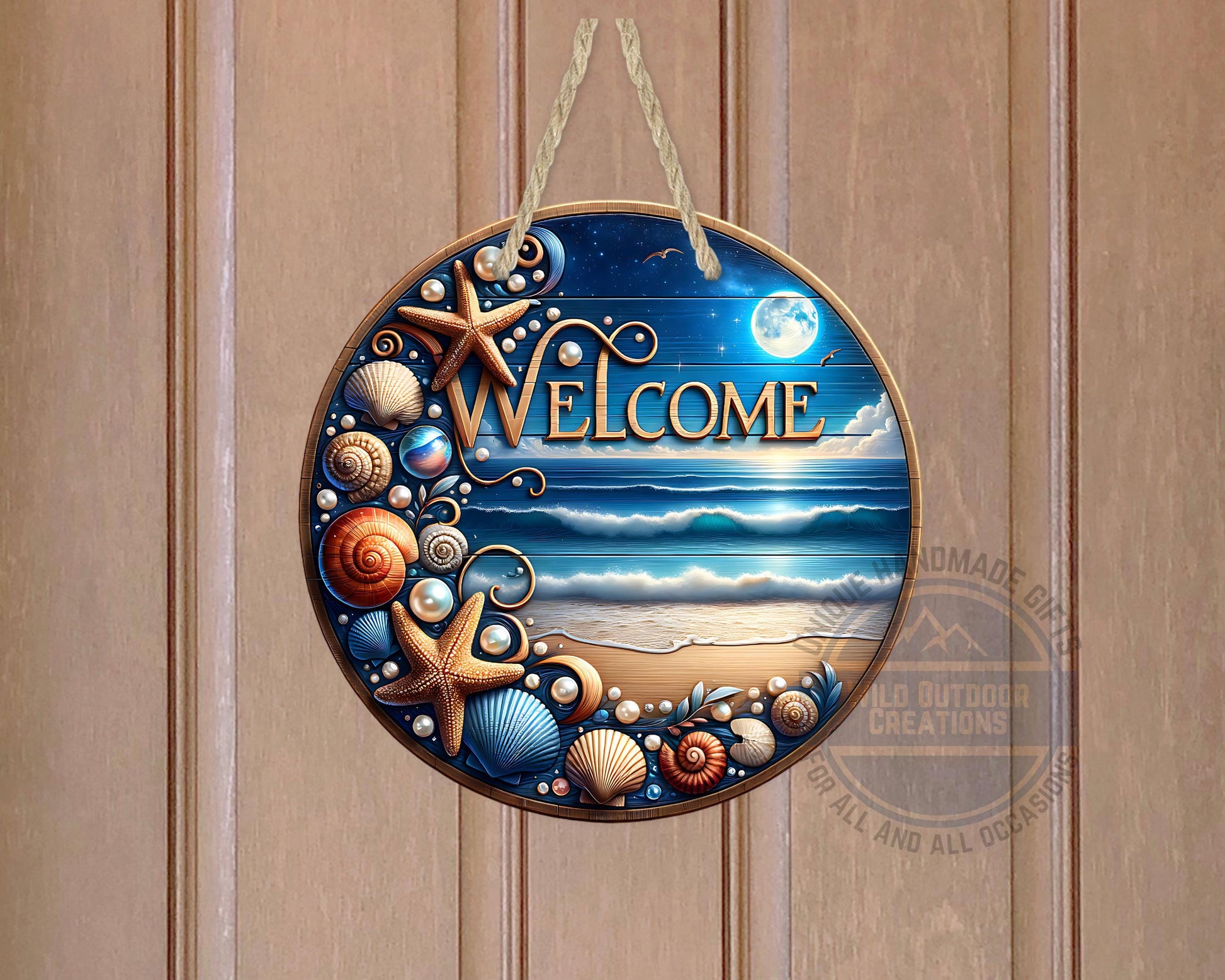 Coastal Door Sign – Nighttime Ocean View | Weather-Resistant Aluminum Outdoor Welcome - packaging and presentation