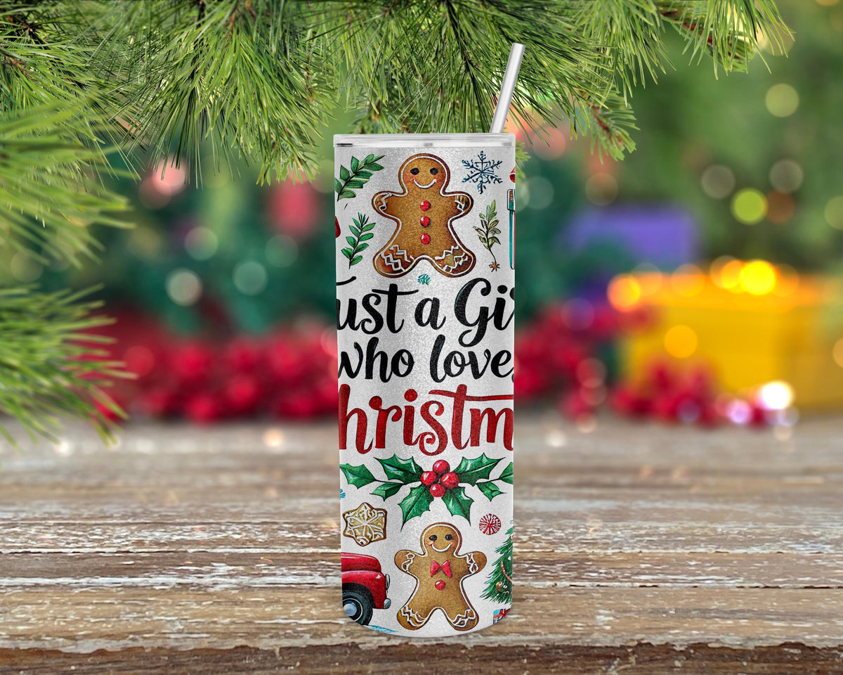 Christmas Skinny Tumbler | Just A Girl Who Loves Christmas, 20 Oz, Silver Glitter