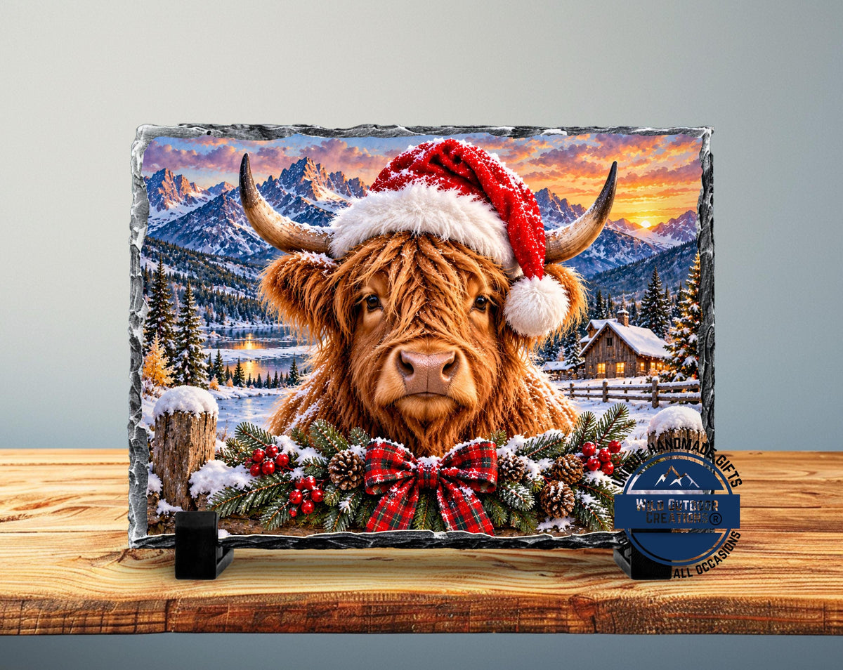 Highland Cow Christmas Slate Plaque, Rustic Farmhouse Holiday Decor, Cow Lover Gift