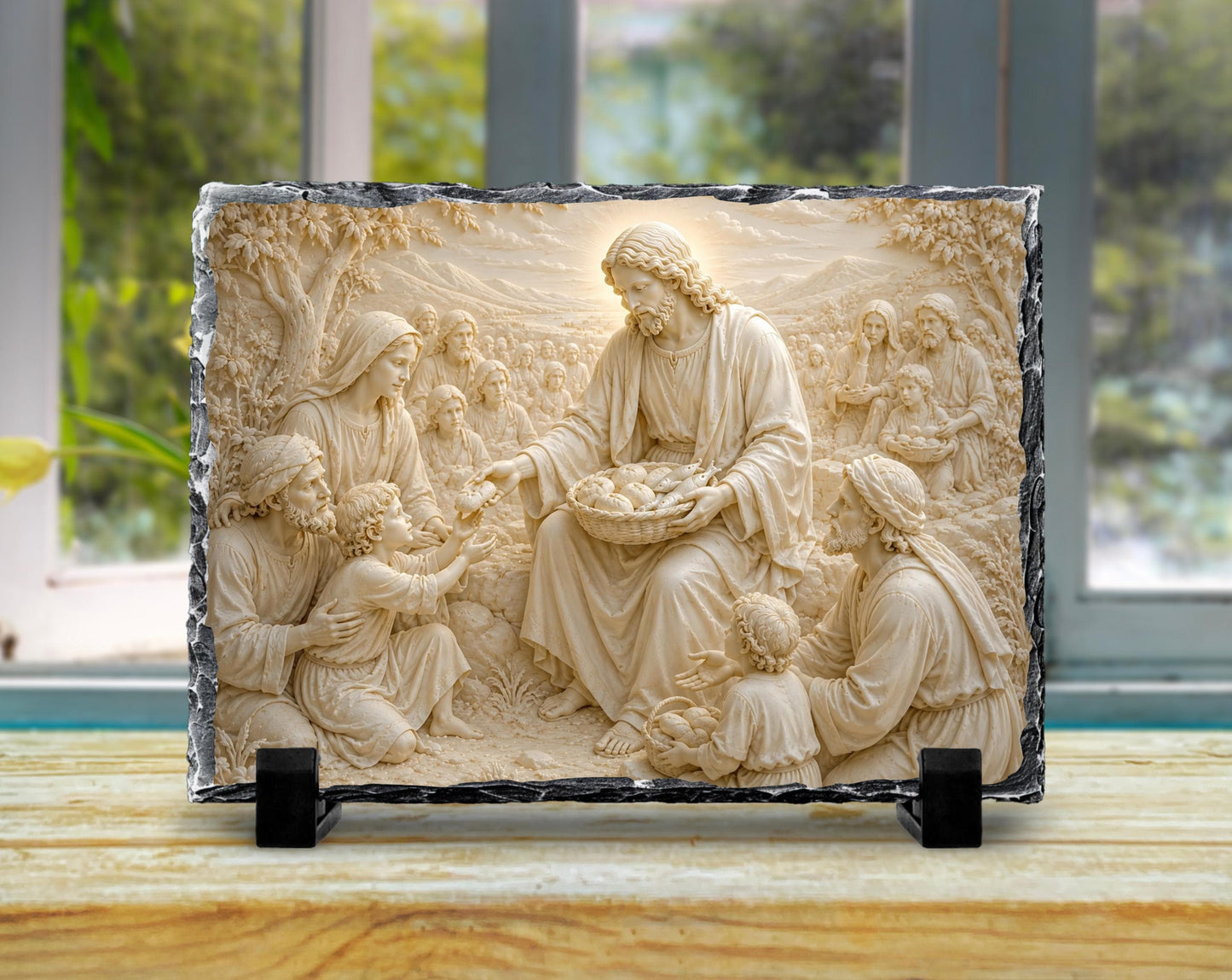 Jesus Feeding the 5000 Slate Plaque, Loaves Fishes Miracle Religious Decor, Christian Gift