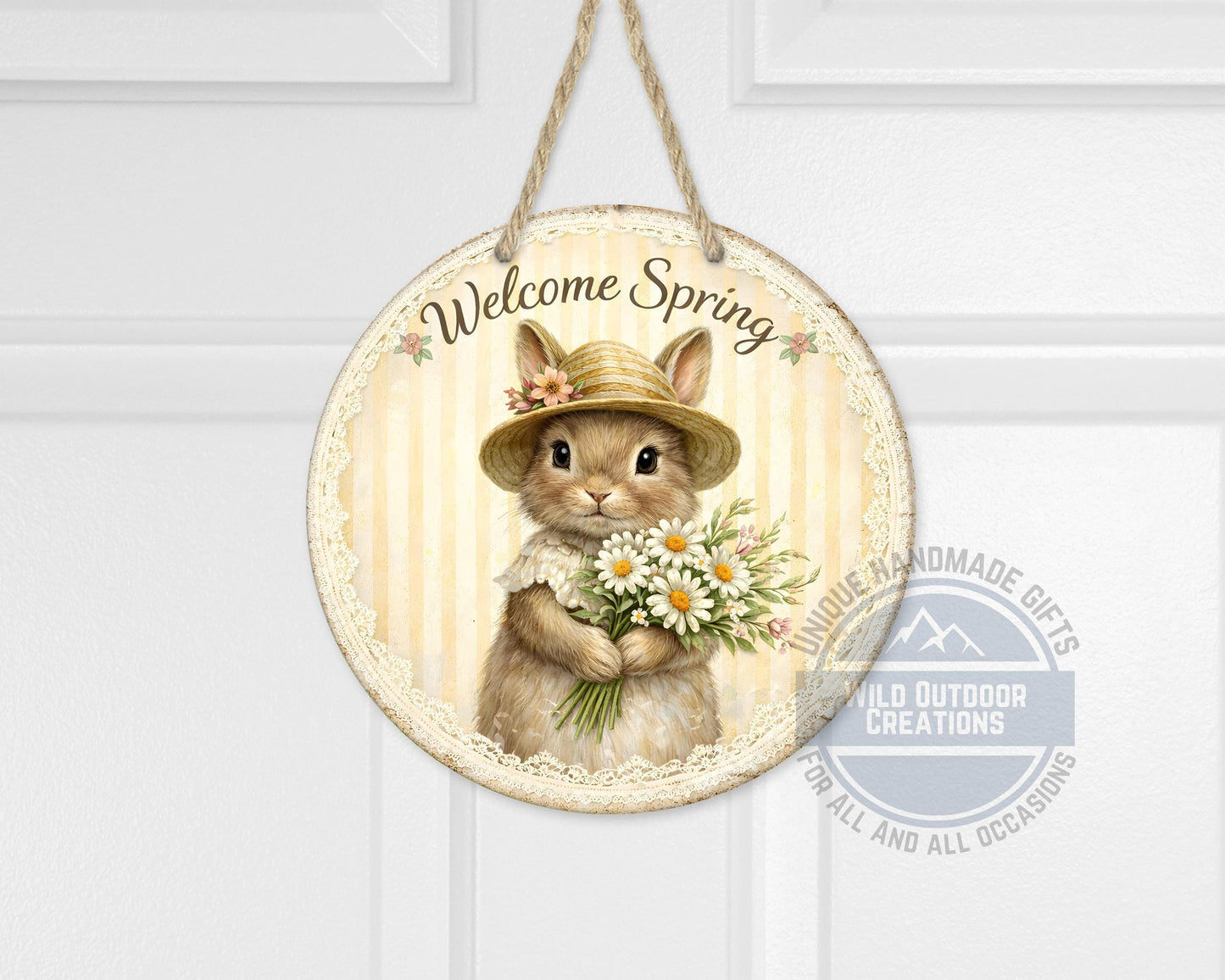 Spring Bunny Door Hanger – Floral Rabbit Wreath with Daisy Bouquet Sign - alternate view