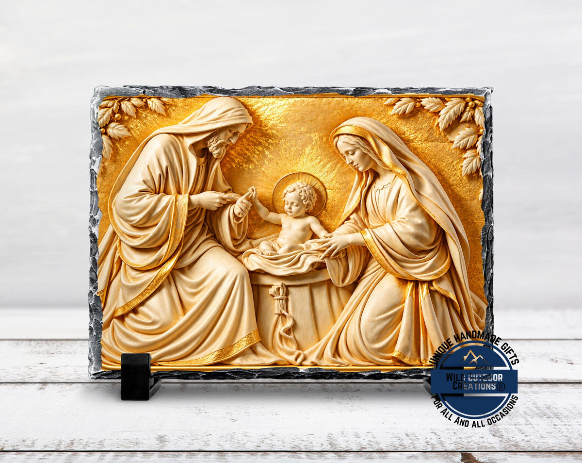 Holy Family Slate Plaque, Gold Nativity Art, Christian Catholic Religious Gift Decor