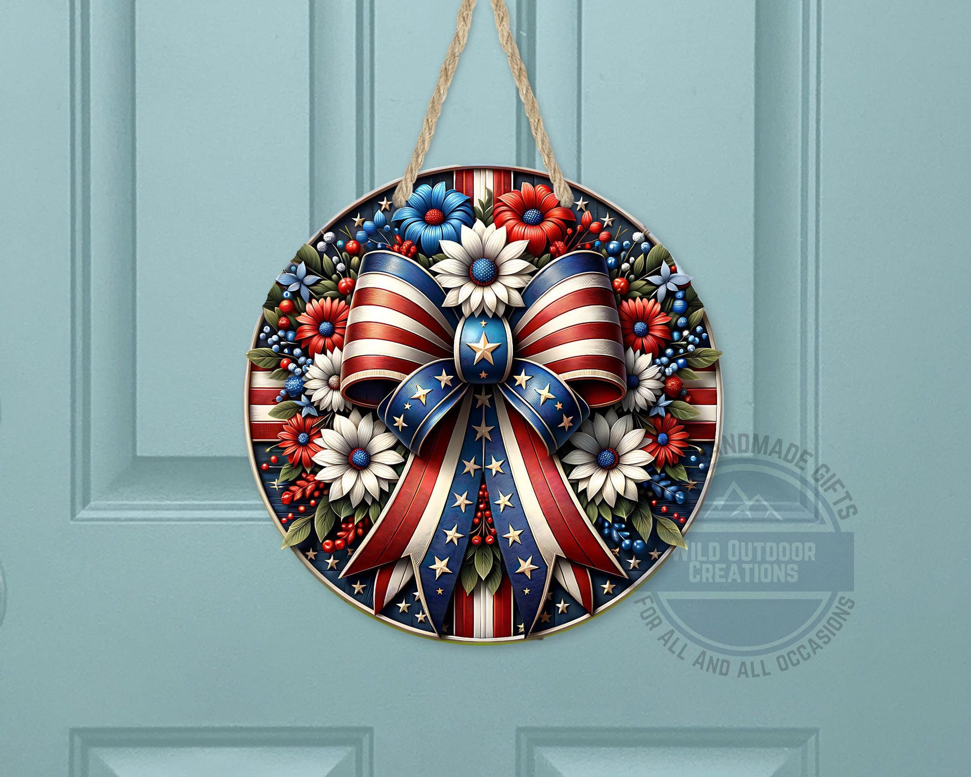 Patriotic Door Hanger – Aluminum Door Sign with American Flag Bow & Floral Design - detail view