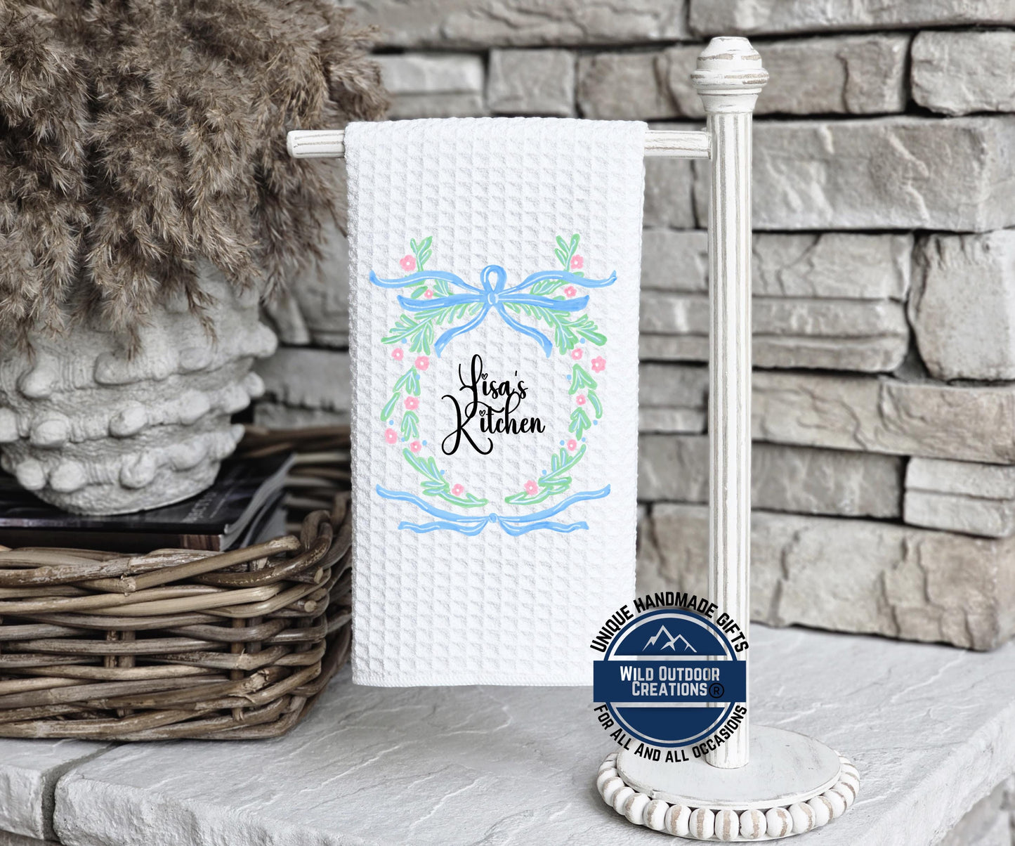 Personalized Kitchen Towel – Custom Name Floral Wreath Waffle Weave Gift - alternate view