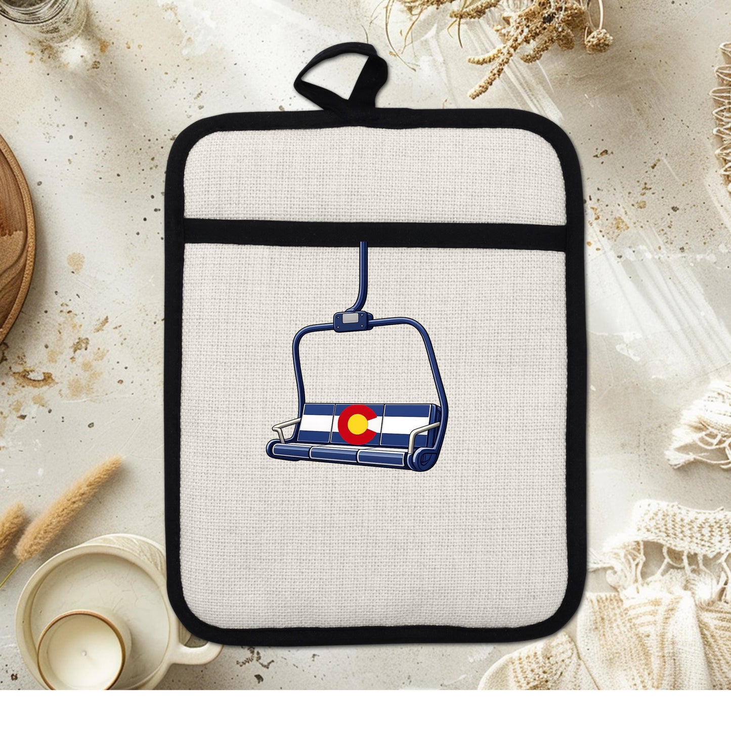 Colorado Flag Pot Holder – Ski Lift Pot Holder with Heat Resistant Mitt & Non Slip Trivet - packaging and presentation