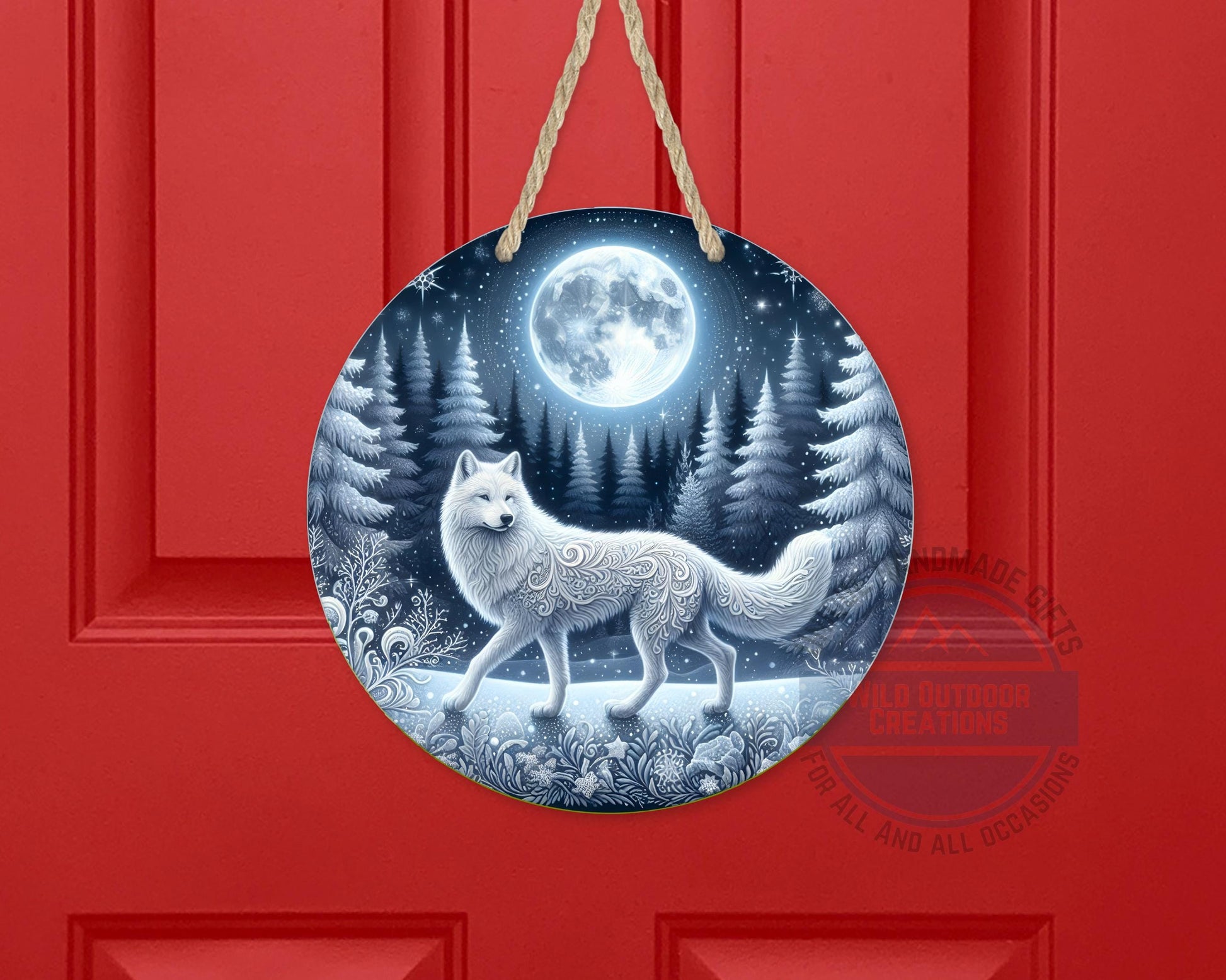 Wolf Door Sign - Rustic Outdoor Decor Full Moon Night with White Wolf Art - alternate view